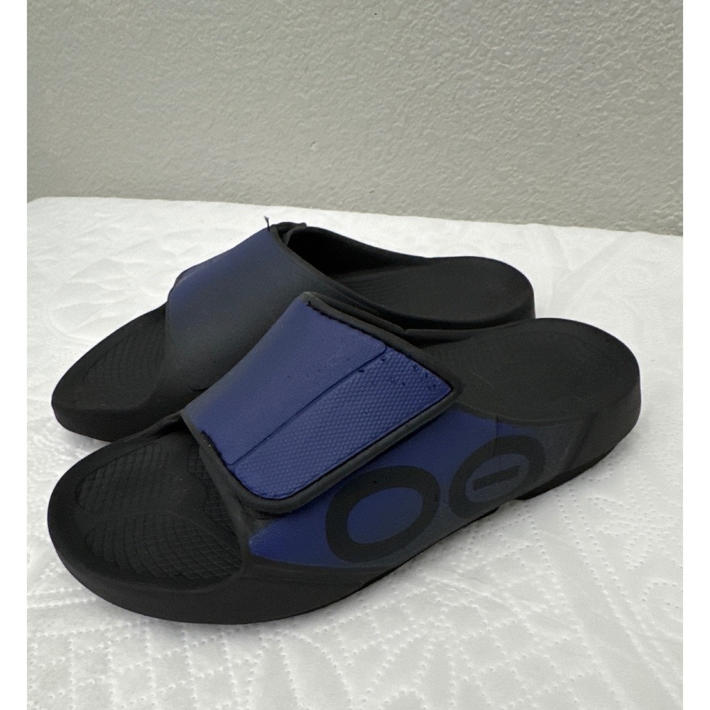 Oofos Slide Sandals Black Blue Adjustable Strap Women's Size 7